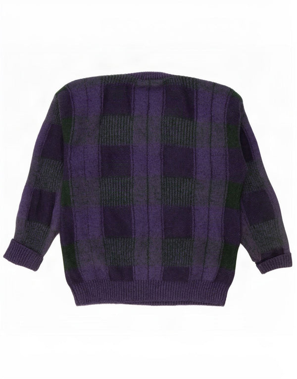 Vintage męski sweter z dekoltem w kształcie litery V, XL, fioletowa kratka
