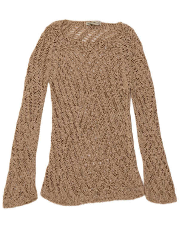 Damski sweter Zara na szydełku z dekoltem w łódkę UK 14, duży, beżowy, akrylowy