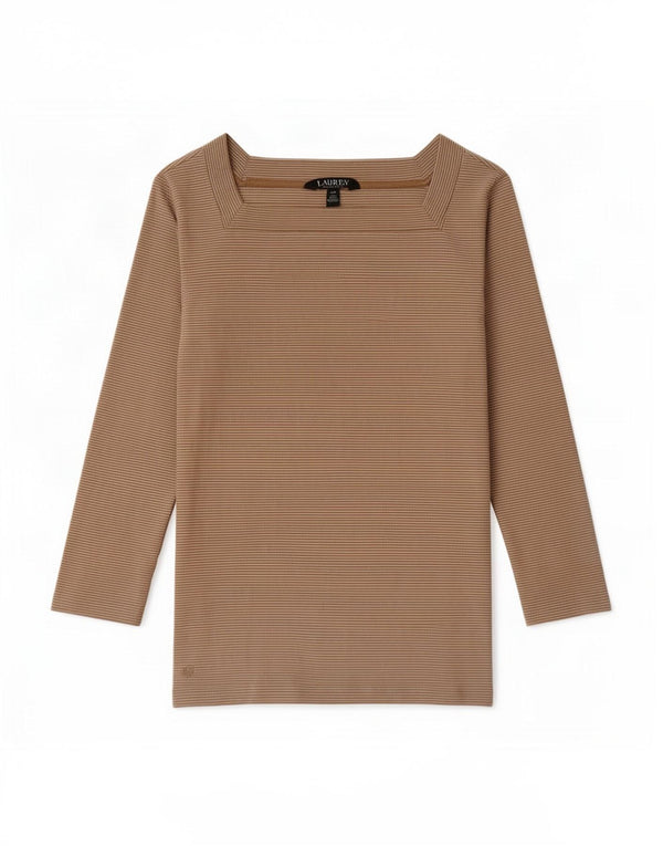 Damski krótki top Ralph Lauren z rękawem 3/4, UK 8, mały, beżowy, bawełniany w prążki