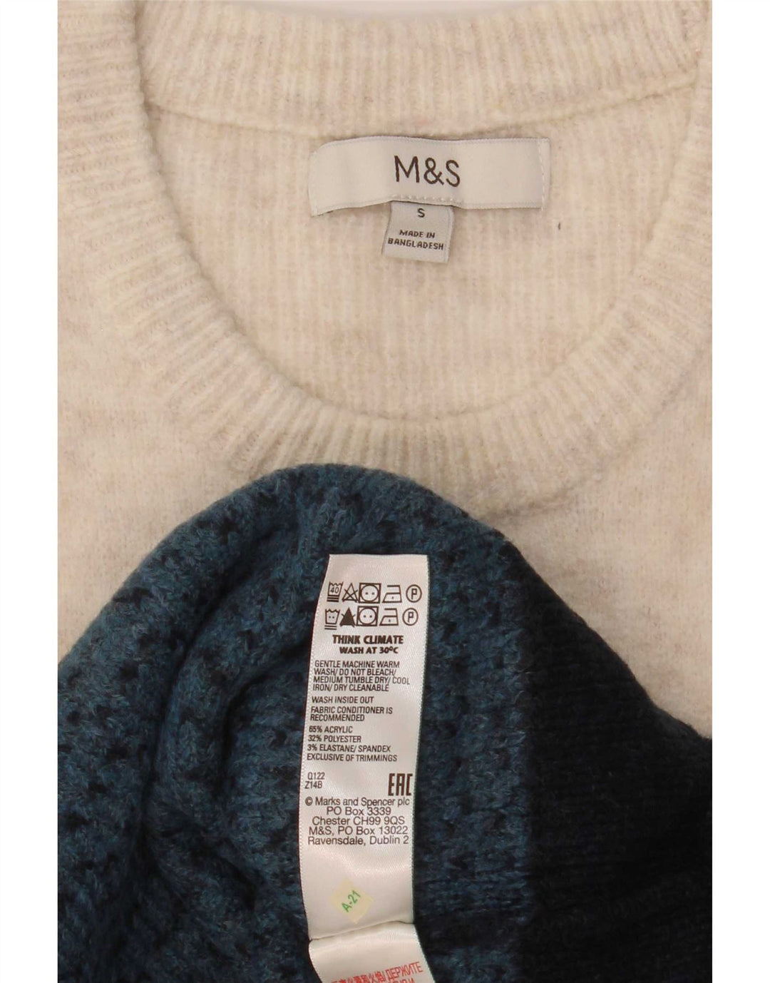 Marks & Spencer Męski sweter z okrągłym dekoltem, mały, granatowy, z blokami kolorów
