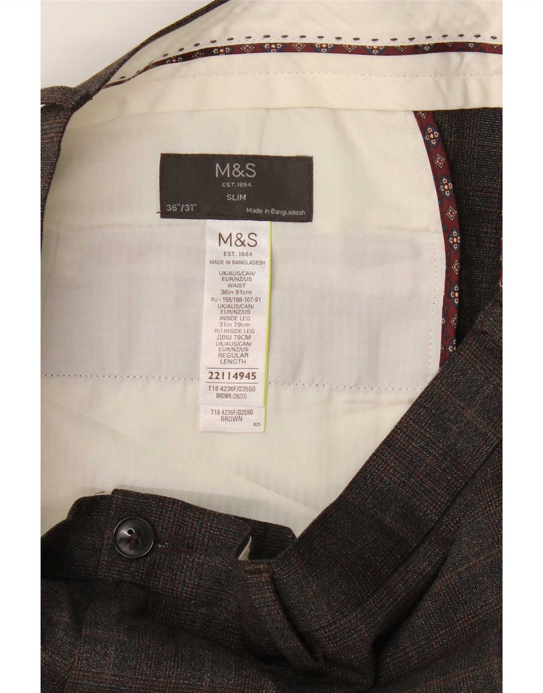 Męskie spodnie chino Marks & Spencer W36 L31 w brązową kratkę, poliester