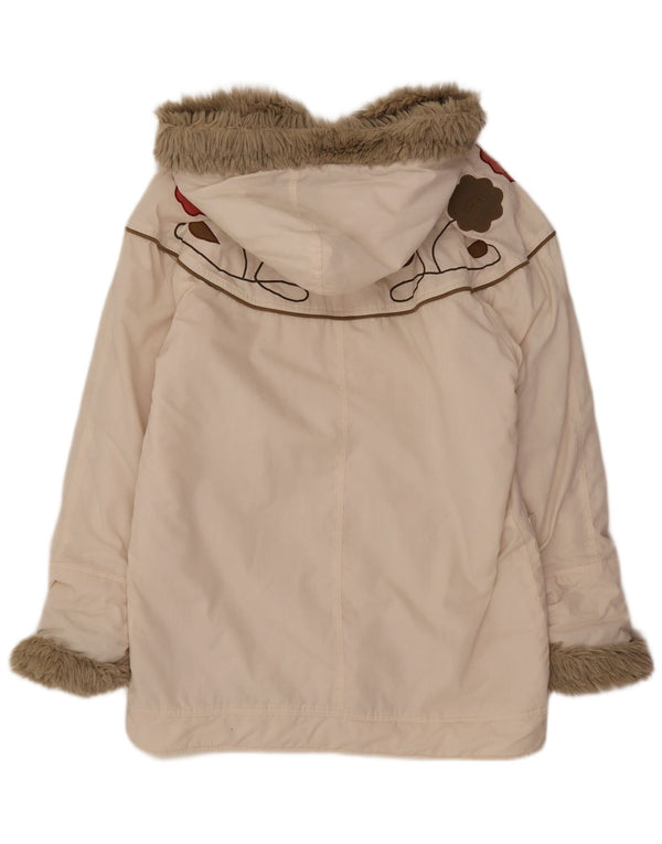 Vintage damska kurtka parka z kapturem UK 16, duża w kolorze złamanej bieli, w kwiaty