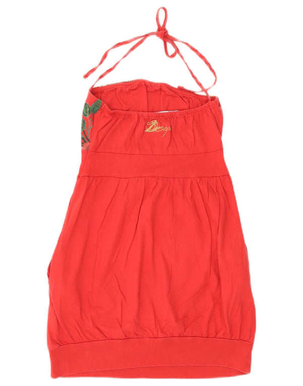 Damski graficzny top Desigual wiązany na szyi UK 4 XS, czerwony, bawełniany w kwiaty