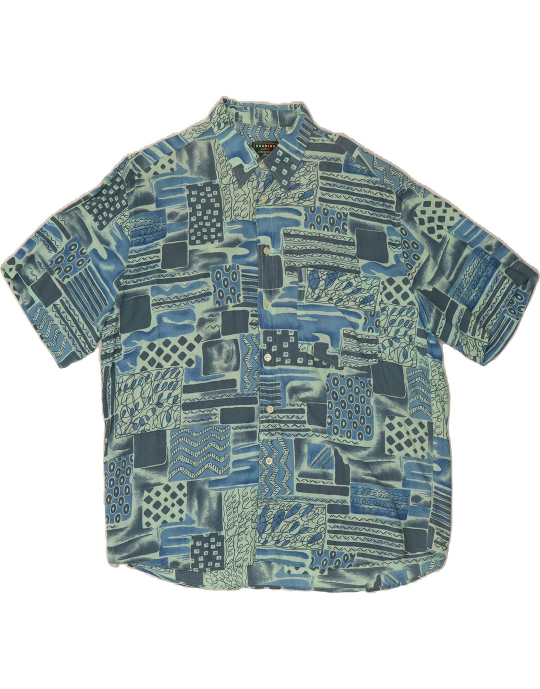 RODRIGO Mens Short Sleeve Shirt Size 17 43 XL Blue Patchwork Viscose Vintage Rodrigo and Second-Hand Rodrigo from Messina Hembry 