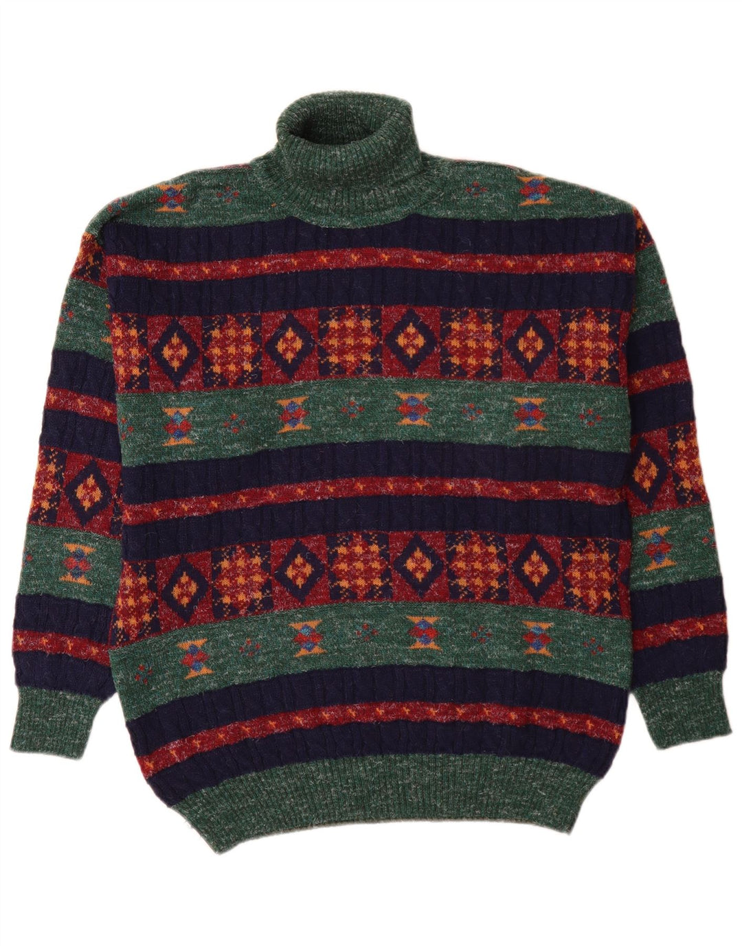 Vintage męski sweter z wywijanym dekoltem, średnio zielony, geometryczny, wełniany alpaka