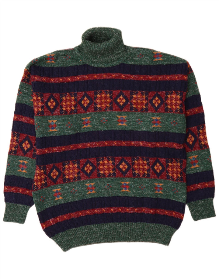 Vintage męski sweter z wywijanym dekoltem, średnio zielony, geometryczny, wełniany alpaka