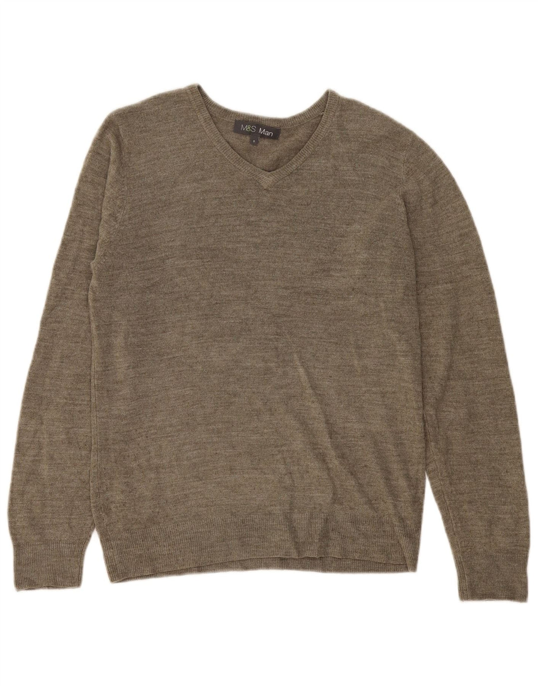 Marks & Spencer Męski sweter z dekoltem w kształcie litery V, mały, khaki, nakrapiany akryl