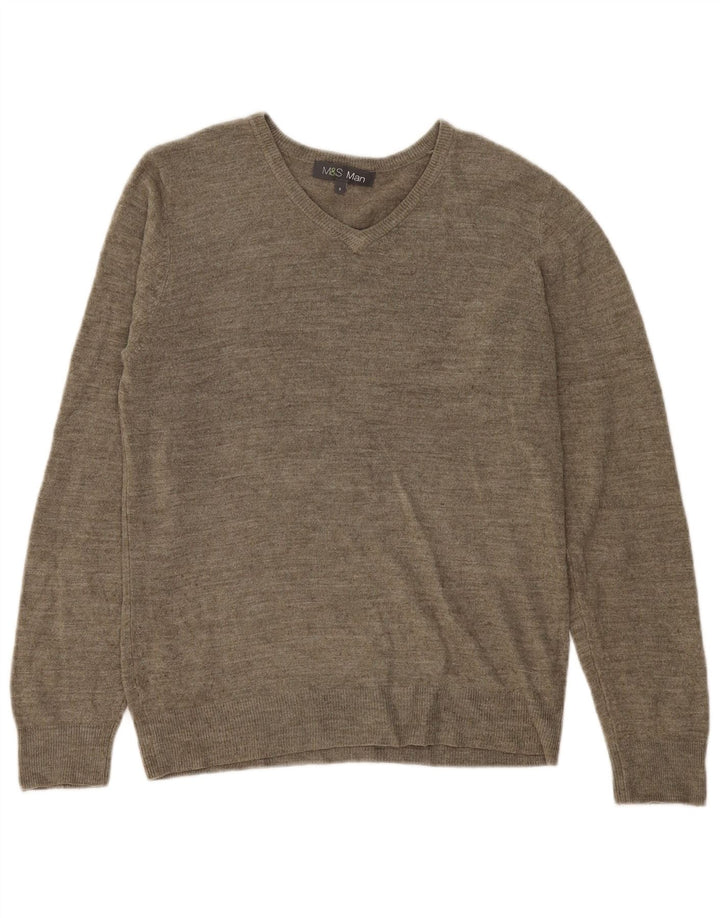 Marks & Spencer Męski sweter z dekoltem w kształcie litery V, mały, khaki, nakrapiany akryl