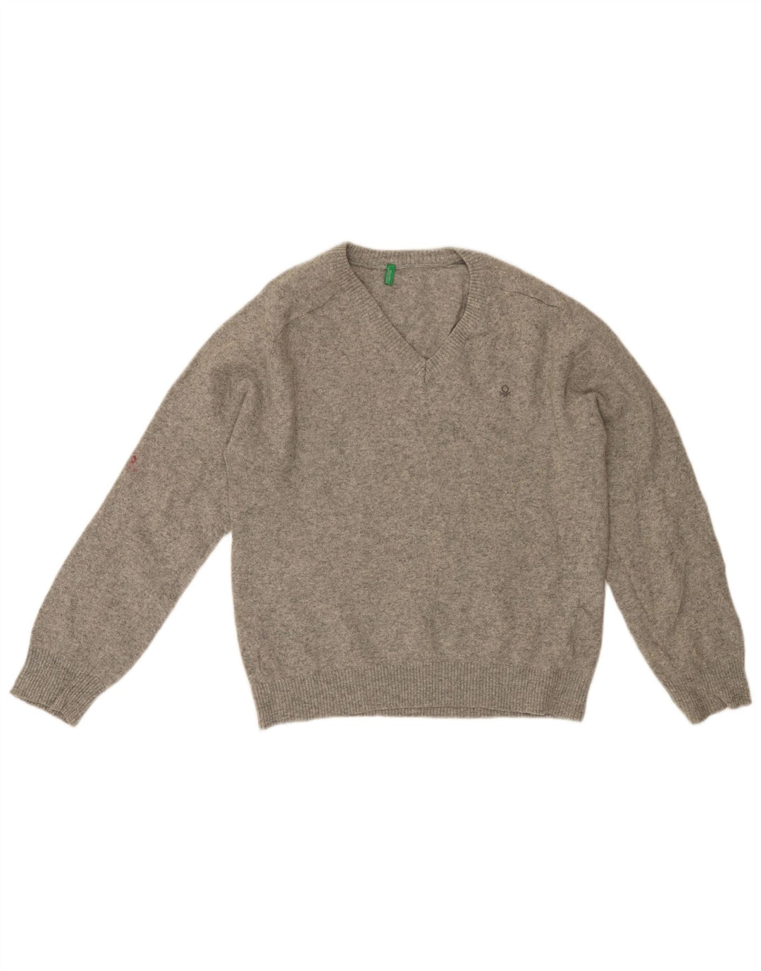 BENETTON Damski sweter z dekoltem w kształcie litery V, UK 18 XL, szara owcza wełna