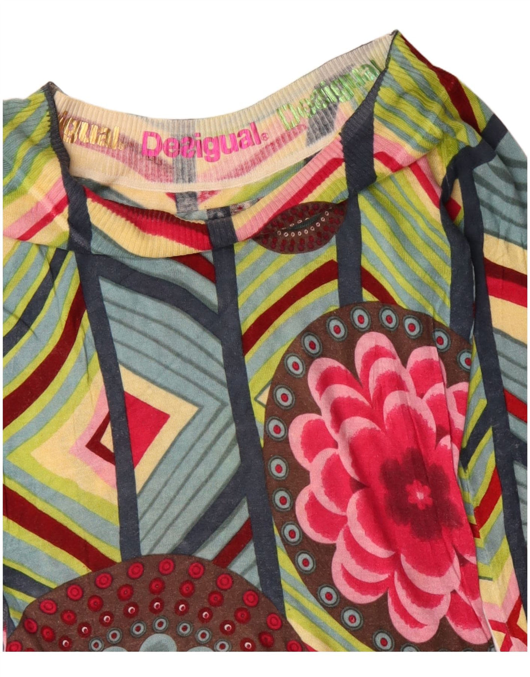 Damski sweter Desigual z dekoltem w łódkę UK 12 Średni zielony geometryczny