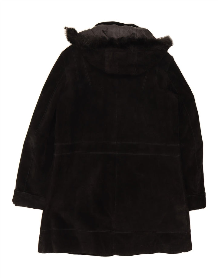 ZARRO Womens Hooded Suede Overcoat IT 44 Medium Black Leather Vintage Zarro and Second-Hand Zarro from Messina Hembry 