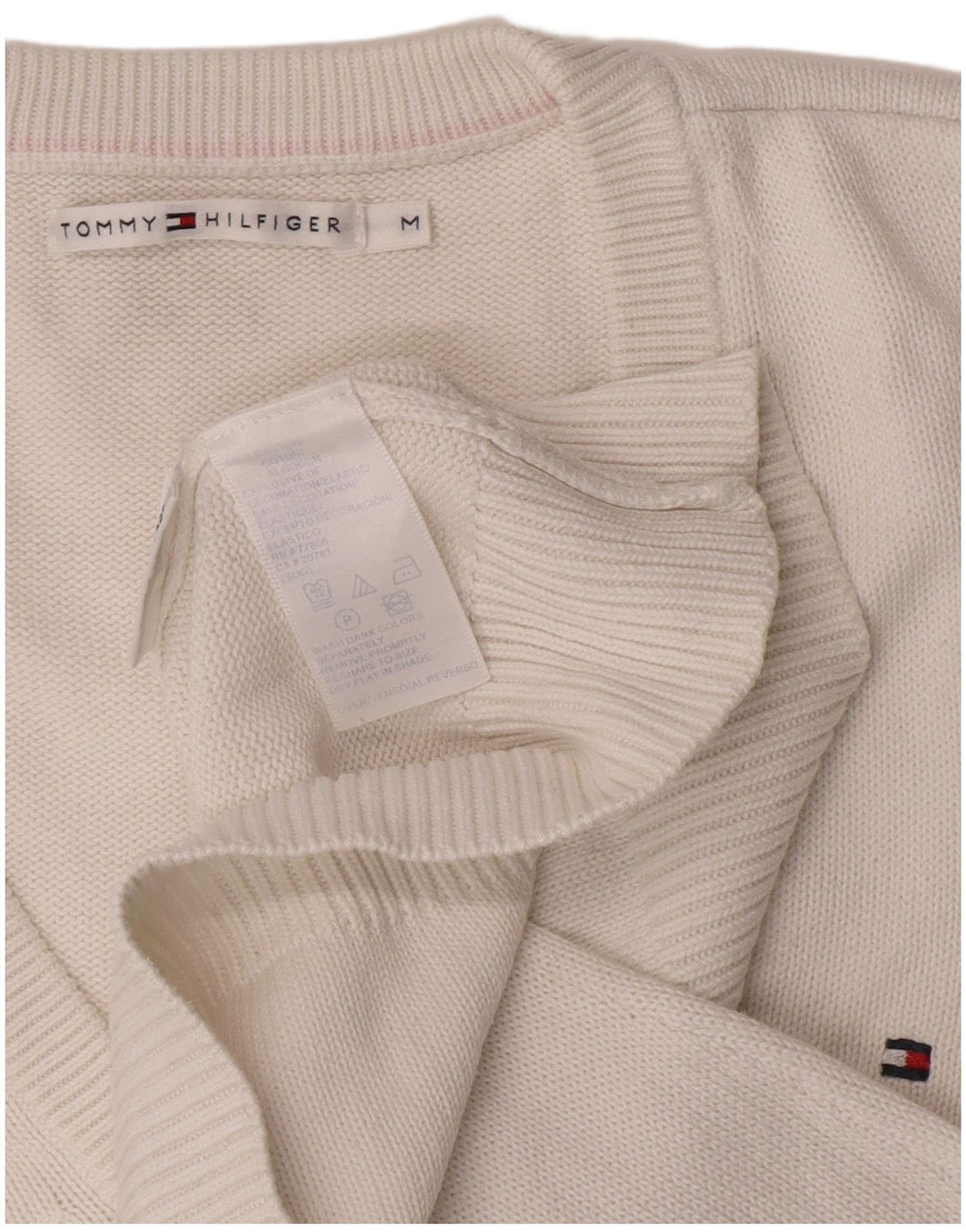 Damski sweter Tommy Hilfiger z dekoltem w kształcie litery V, UK 14, średnia biała bawełna