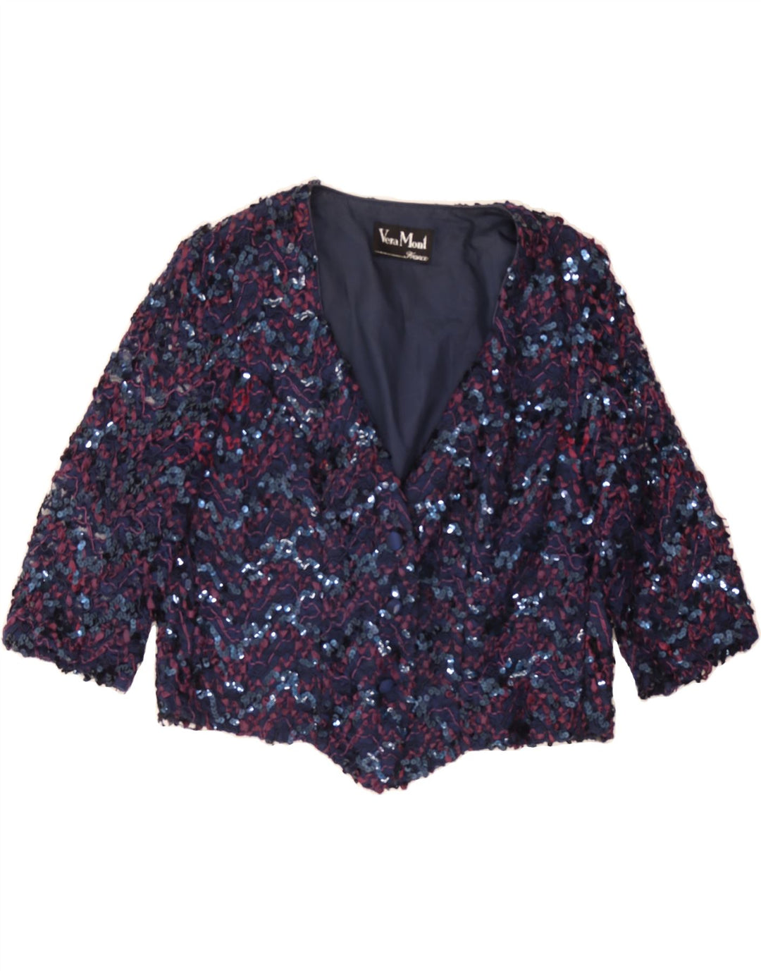 VERA MONT Womens 3/4 Sleeve Blazer Jacket UK 14 Medium Navy Blue Chevron Vintage Vera Mont and Second-Hand Vera Mont from Messina Hembry 