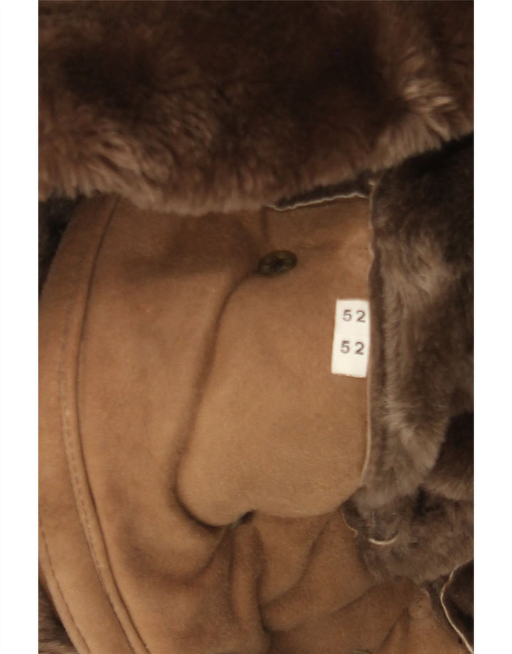 Vintage męski płaszcz z owczej skóry, dwurzędowy IT 52 XL, brązowy