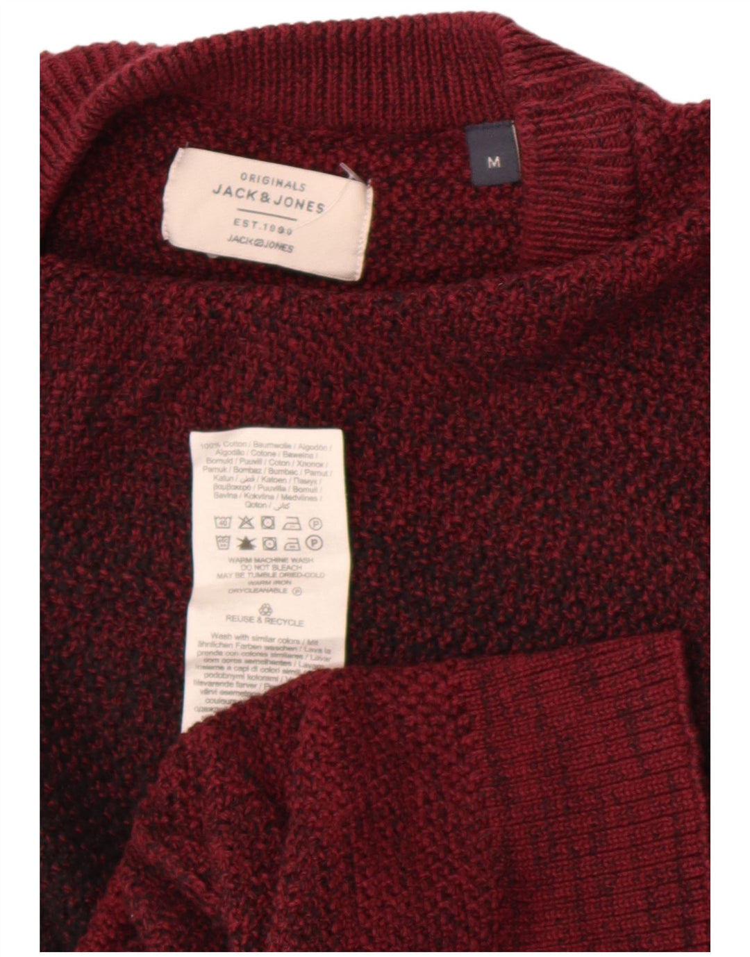 Męski sweter Jack & Jones z okrągłym dekoltem, średniej wielkości bordowa bawełna w blokach kolorów