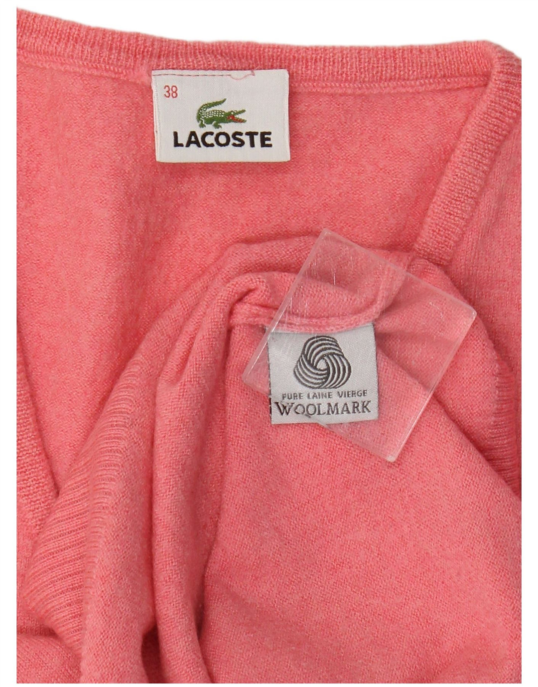 Lacoste Damski sweter z dekoltem w kształcie litery V, rozmiar 38, średni różowy, dziewicza wełna