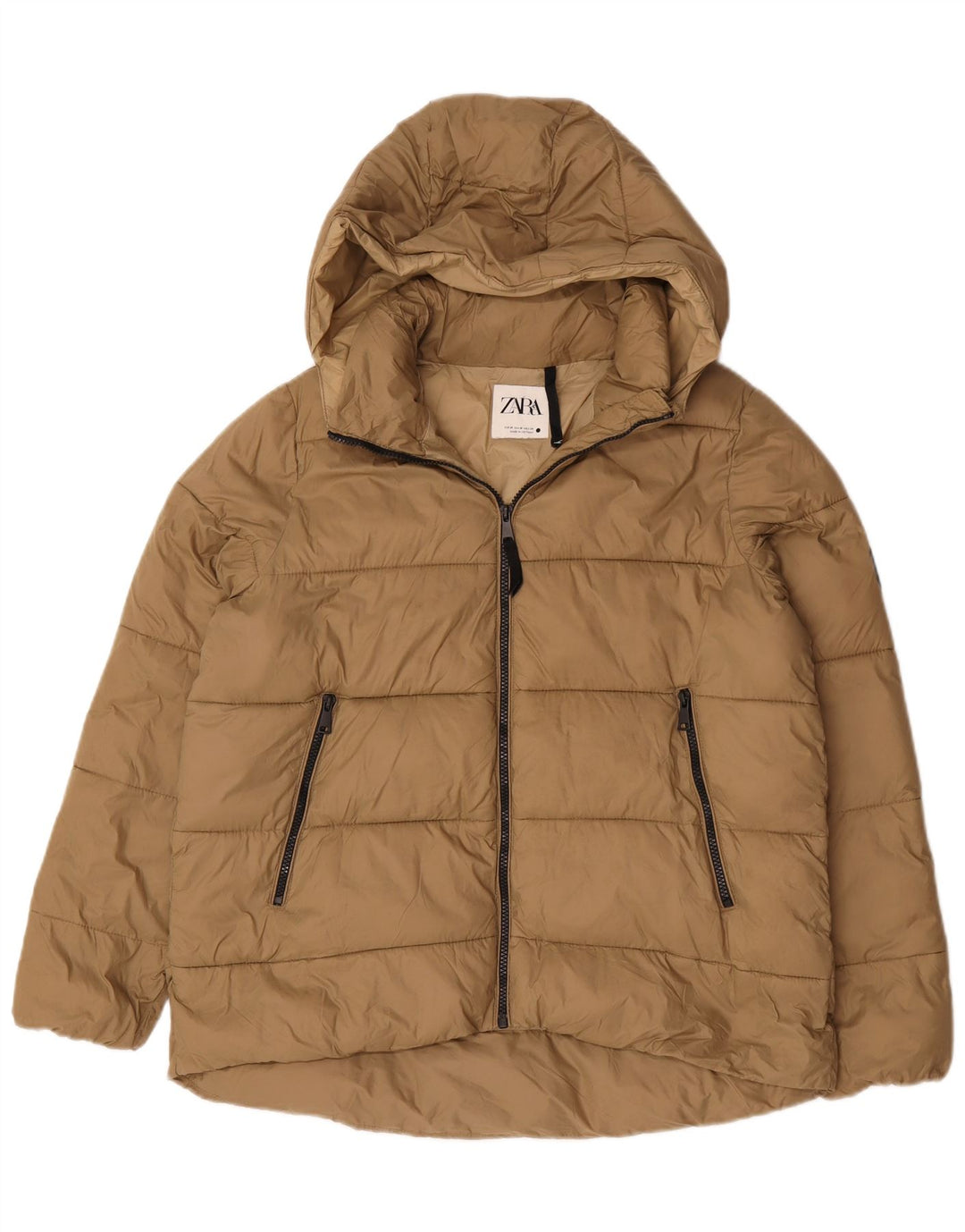 Damska kurtka z kapturem, oversize, wyściełana Zara UK 14, średni beż, nylon