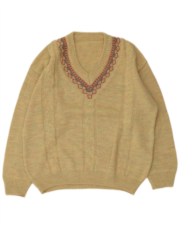 Sweter męski w stylu vintage z dekoltem w szpic, duży, żółty, geometryczny, wełniany