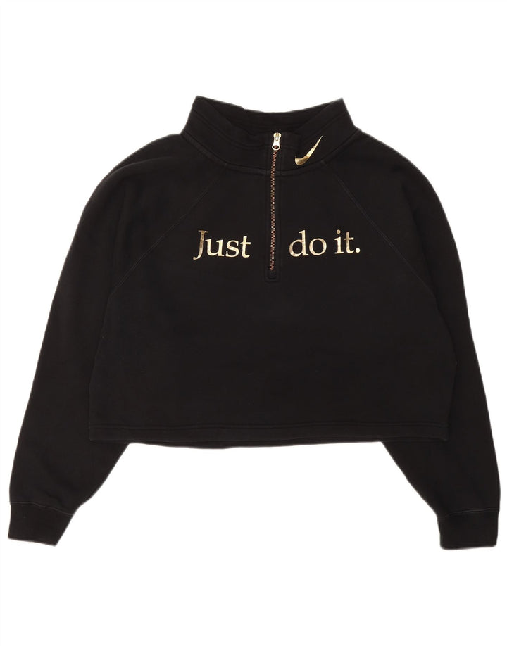 NIKE Womens Crop Graphic Sweatshirt Jumper UK 14 Medium Black Cotton