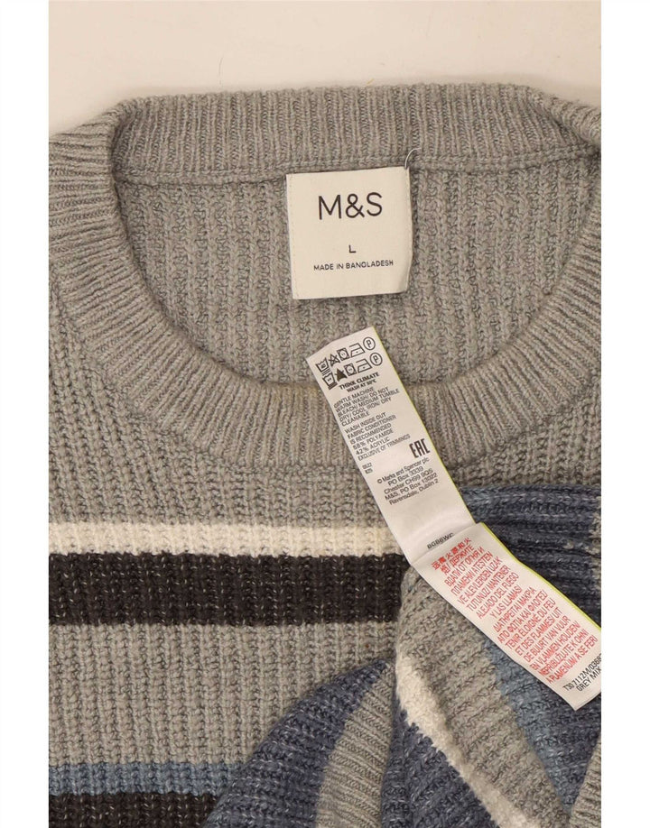 Marks & Spencer Męski sweter z okrągłym dekoltem, duży, szary, poliestrowy w paski
