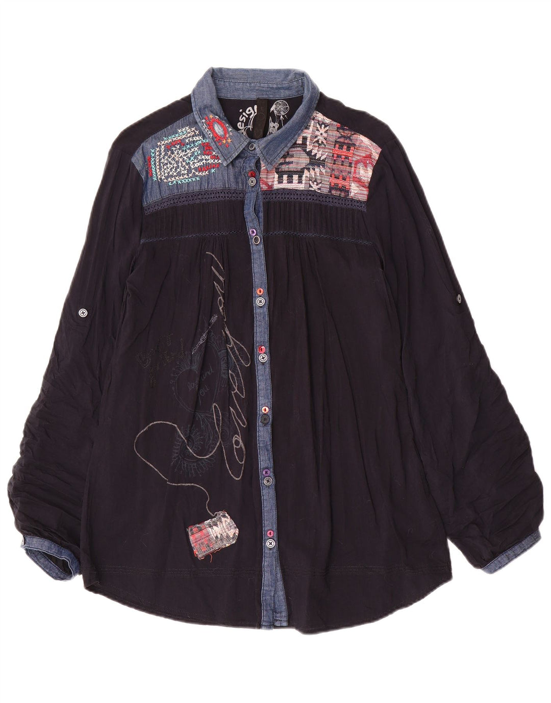 Damska bluzka koszulowa Desigual Graphic UK 18 XL granatowa patchworkowa