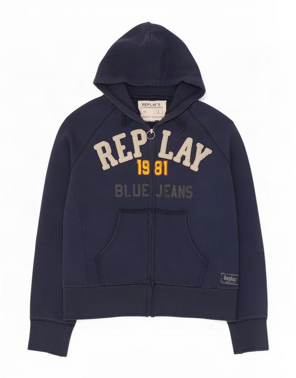 Replay Womens Graphic Zip Hoodie Sweater UK 16 Large Navy Blue Cotton