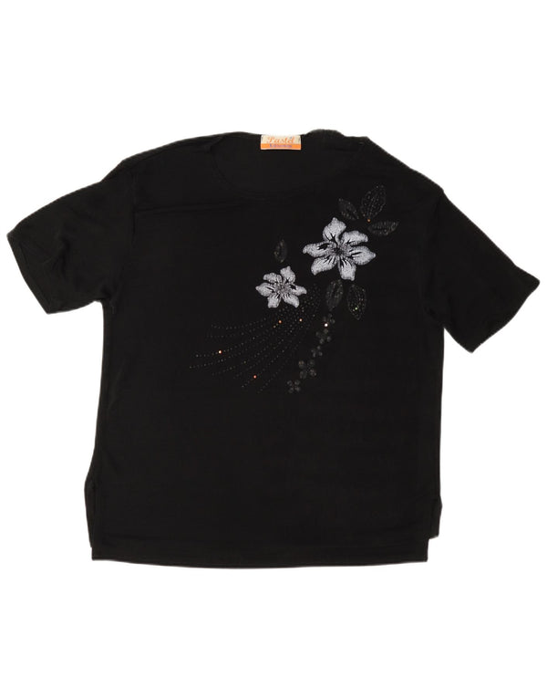 T-shirt damski w stylu vintage Top UK 16, duży, czarny w kwiaty
