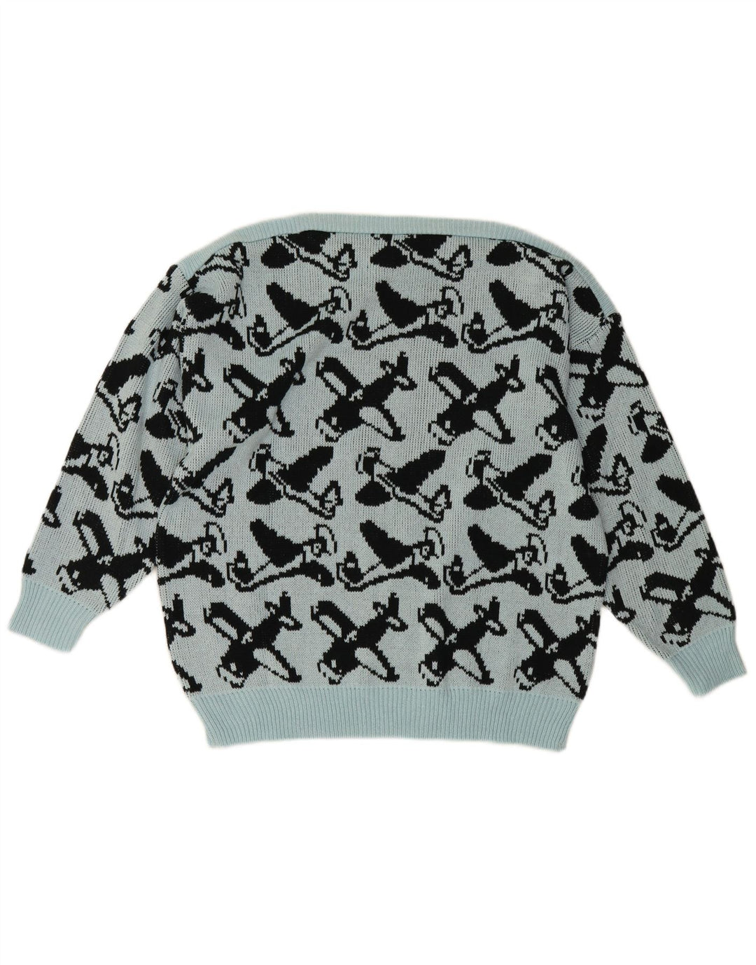 Vintage damski sweter z abstrakcyjnym wzorem i dekoltem w łódkę EU 40 średni niebieski