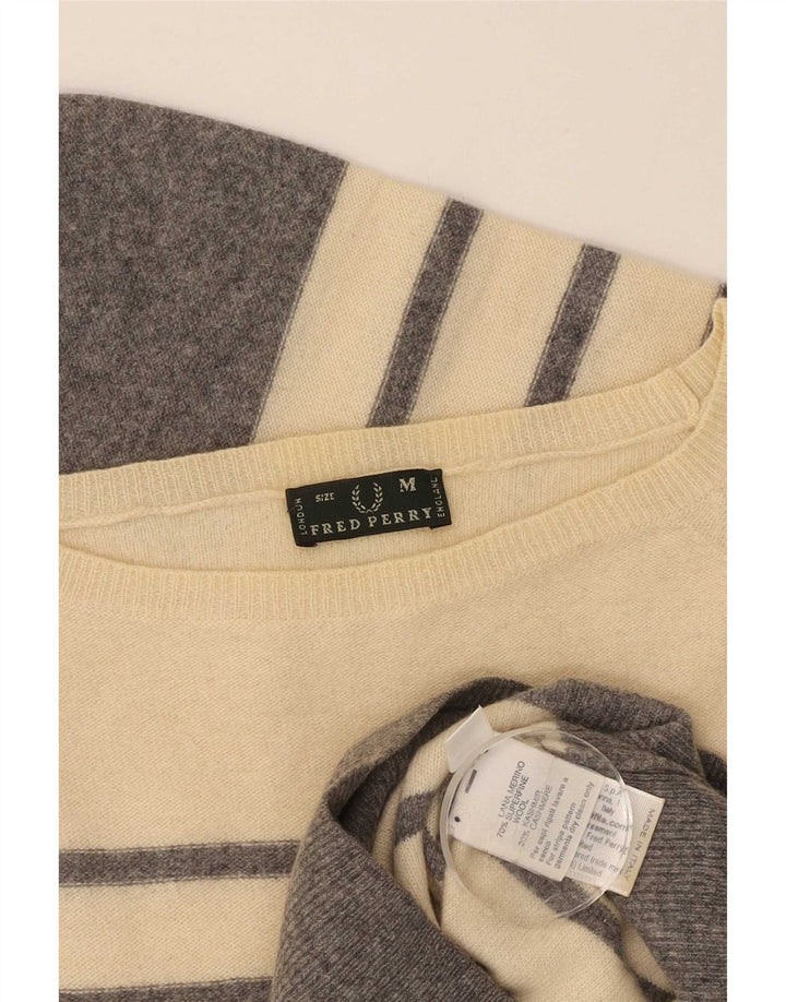 Sweter damski Fred Perry z dekoltem w łódkę UK 12, wełniany w średnie beżowe paski