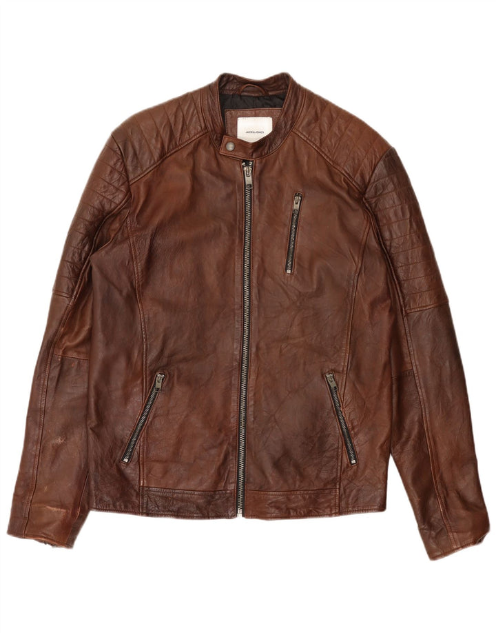 Męska skórzana kurtka motocyklowa Jack & Jones UK 40, duża brązowa skóra