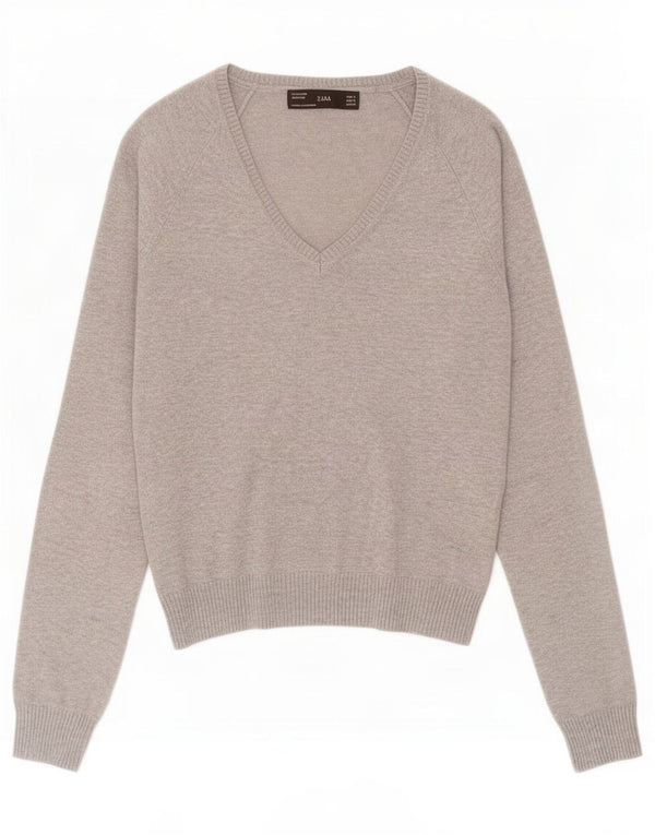 Sweter damski Zara z dekoltem w kształcie litery V, UK 8, mały, szary, nakrapiany bawełniany