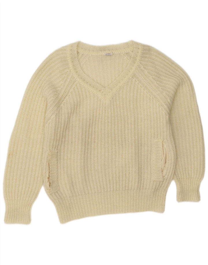 Sweter damski w stylu vintage z dekoltem w szpic, EU 38, średni, złamany biały akryl