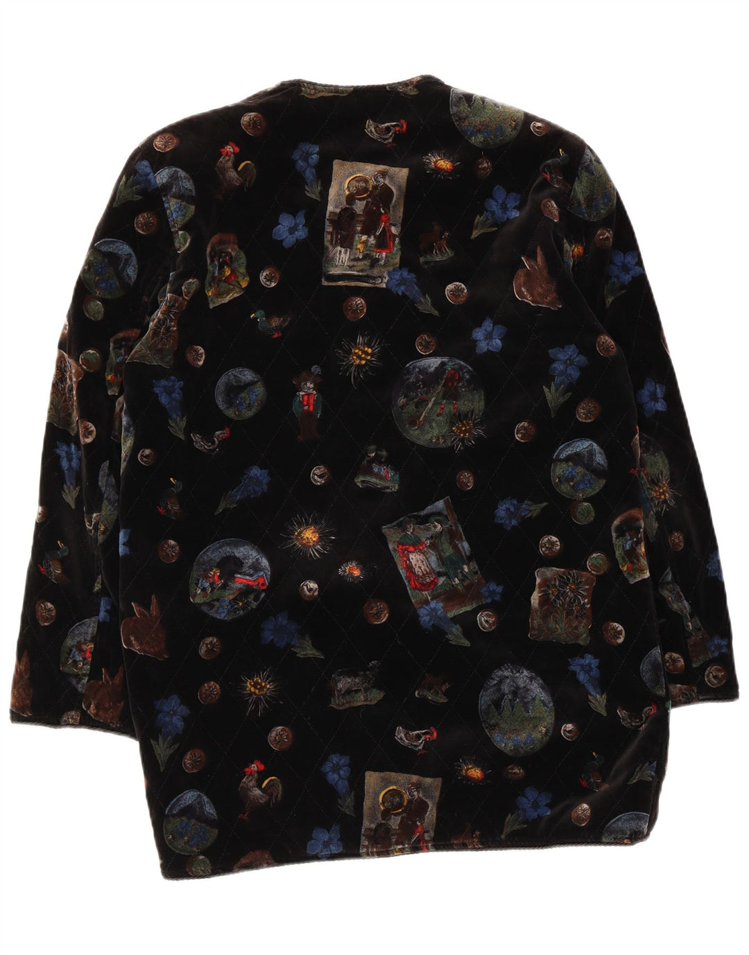 Vintage damski graficzny aksamitny płaszcz UK 12, średni czarny kwiatowy