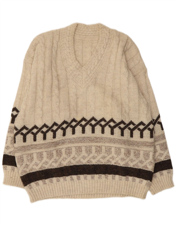Sweter męski w stylu vintage z dekoltem w szpic, średni beż, akryl Fair Isle