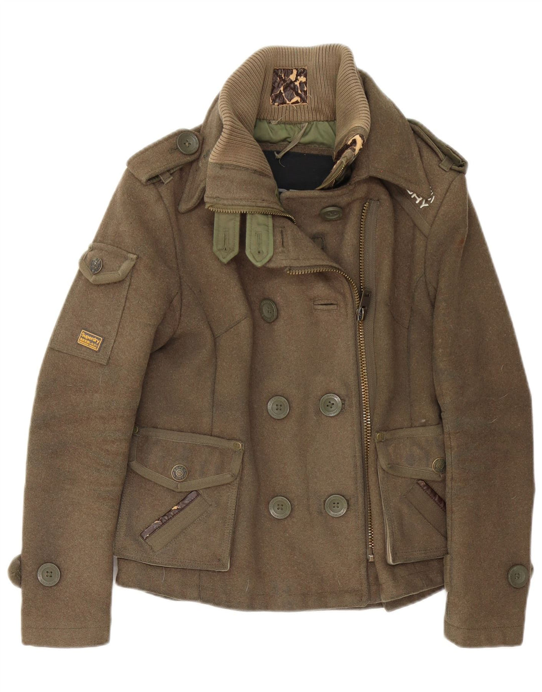 Damska kurtka wojskowa Superdry UK 10, mała, wełniana khaki