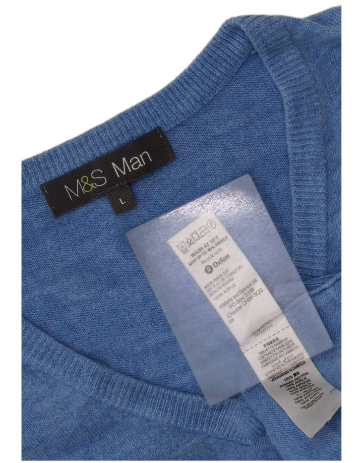 Marks & Spencer Męski sweter z dekoltem w kształcie litery V, duży, niebieski akryl