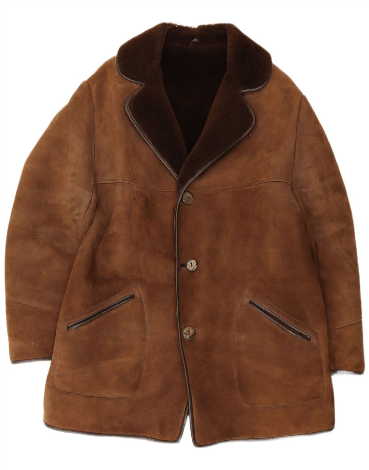 Vintage męski płaszcz z owczej skóry UK 36 Small Brown