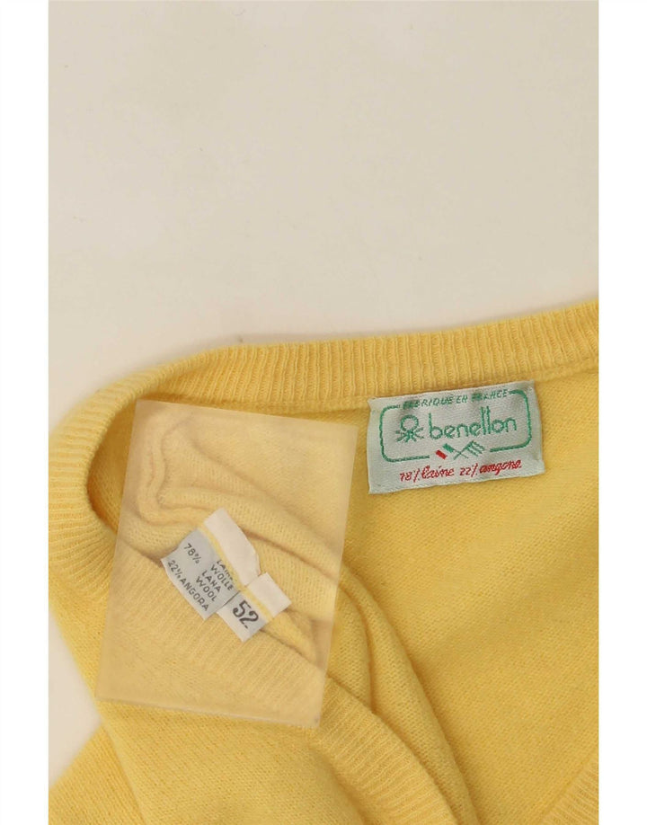 Męski sweter z dekoltem w kształcie litery V, Benetton IT 52, duży, żółty, wełniany
