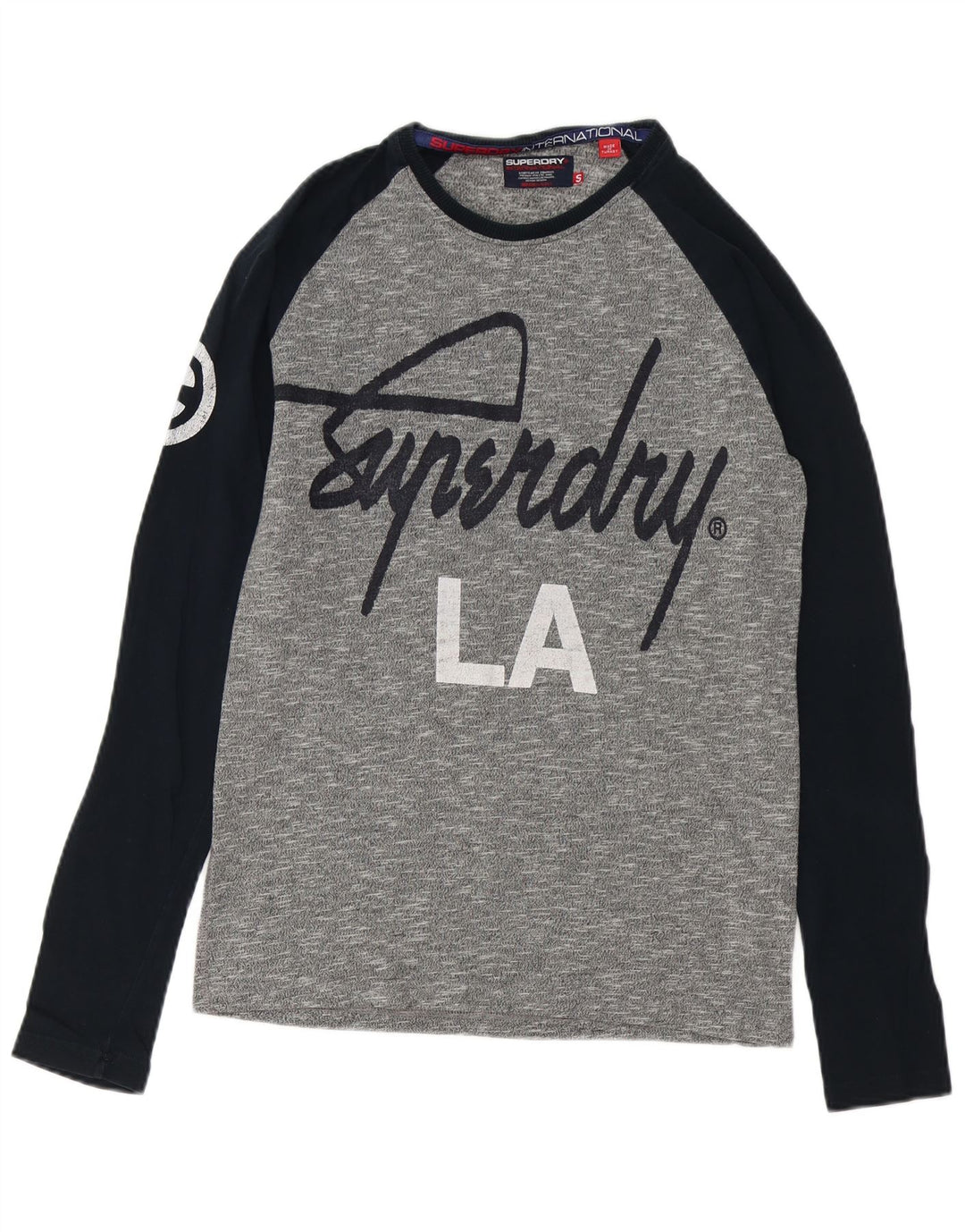 SUPERDRY Męski top graficzny z długim rękawem, mały, szary, bawełniany w bloki kolorów