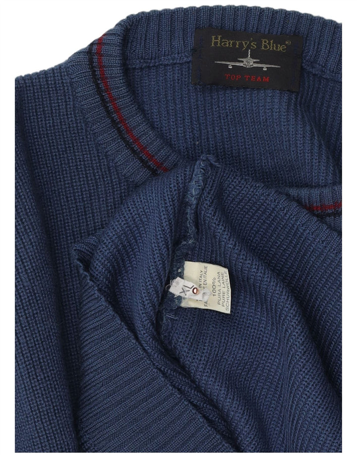 Męski sweter z okrągłym dekoltem w stylu vintage, XL, niebieska wełna