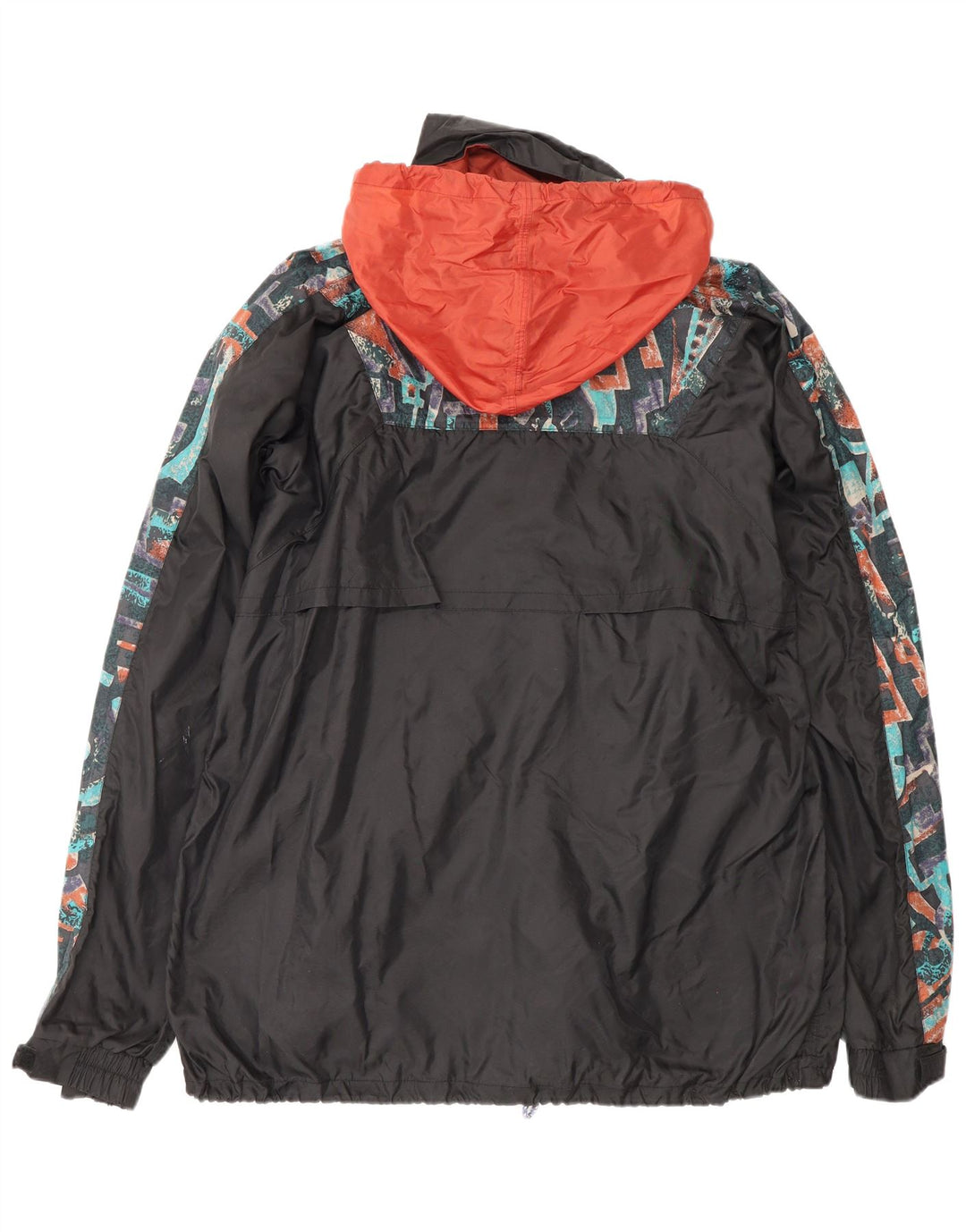 Vintage męska kurtka przeciwdeszczowa z kapturem Anorak UK 38, średnia czarna geometryczna