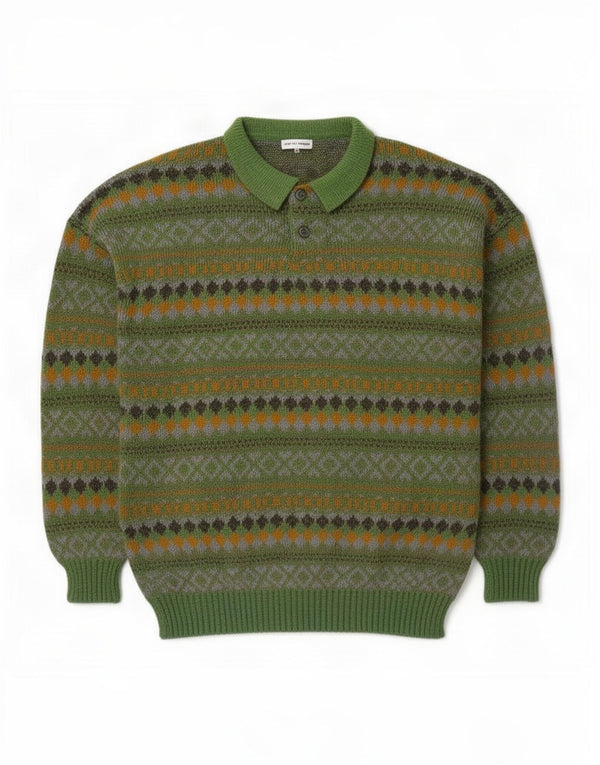 Męski sweter z golfem w stylu vintage, średnio zielony, wełna Fair Isle