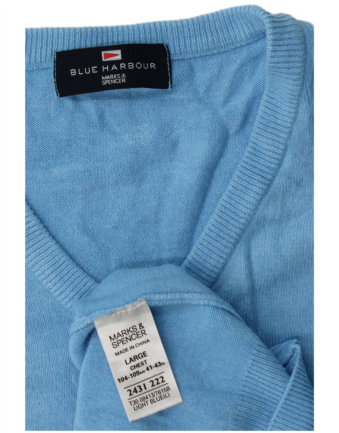 Marks & Spencer Męski sweter z dekoltem w kształcie litery V, duży, niebieski akryl