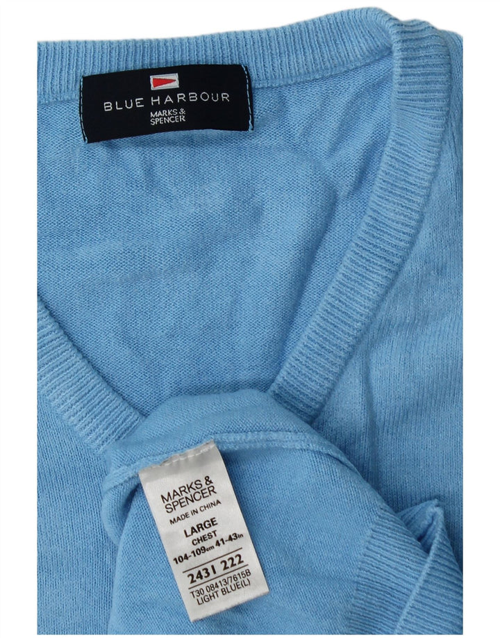 Marks & Spencer Męski sweter z dekoltem w kształcie litery V, duży, niebieski akryl