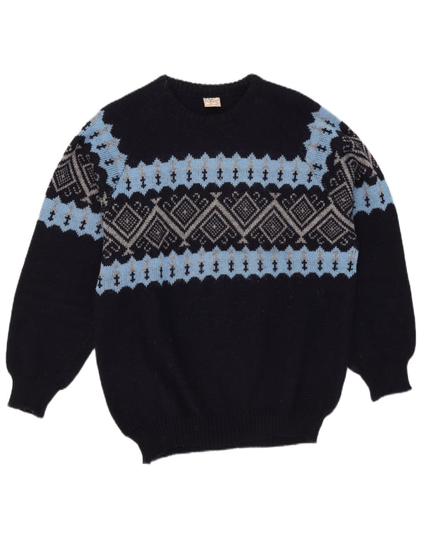 Vintage męski sweter z okrągłym dekoltem XL granatowy Fair Isle akryl