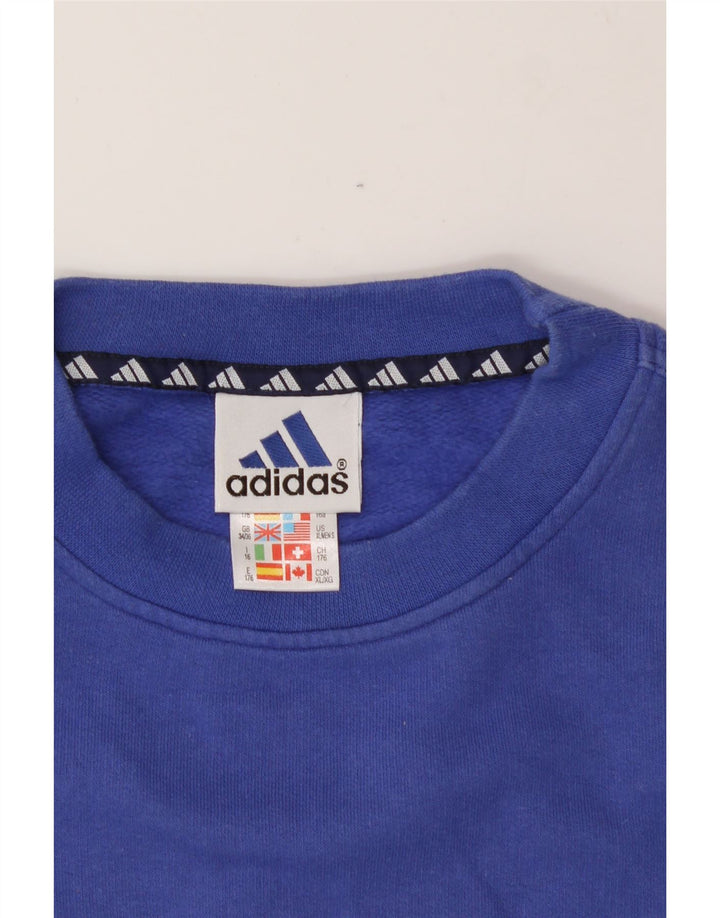ADIDAS Boys Graphic Sweatshirt Jumper 15-16 Years Blue Vintage Adidas and Second-Hand Adidas from Messina Hembry 