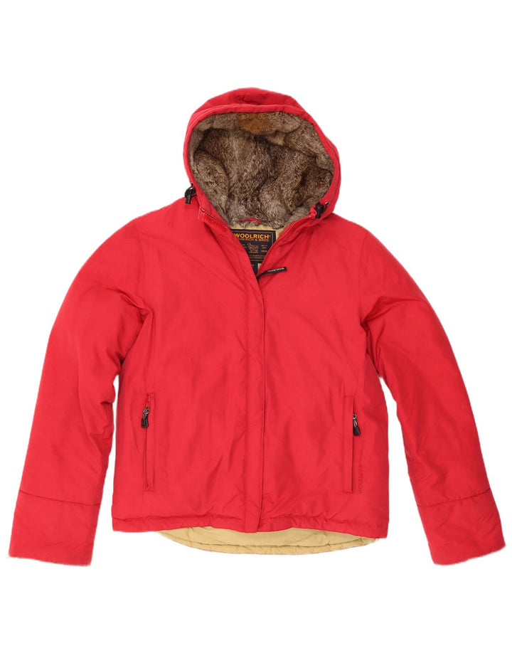 Damska ocieplana kurtka z kapturem Woolrich UK 16, duża, czerwona bawełna