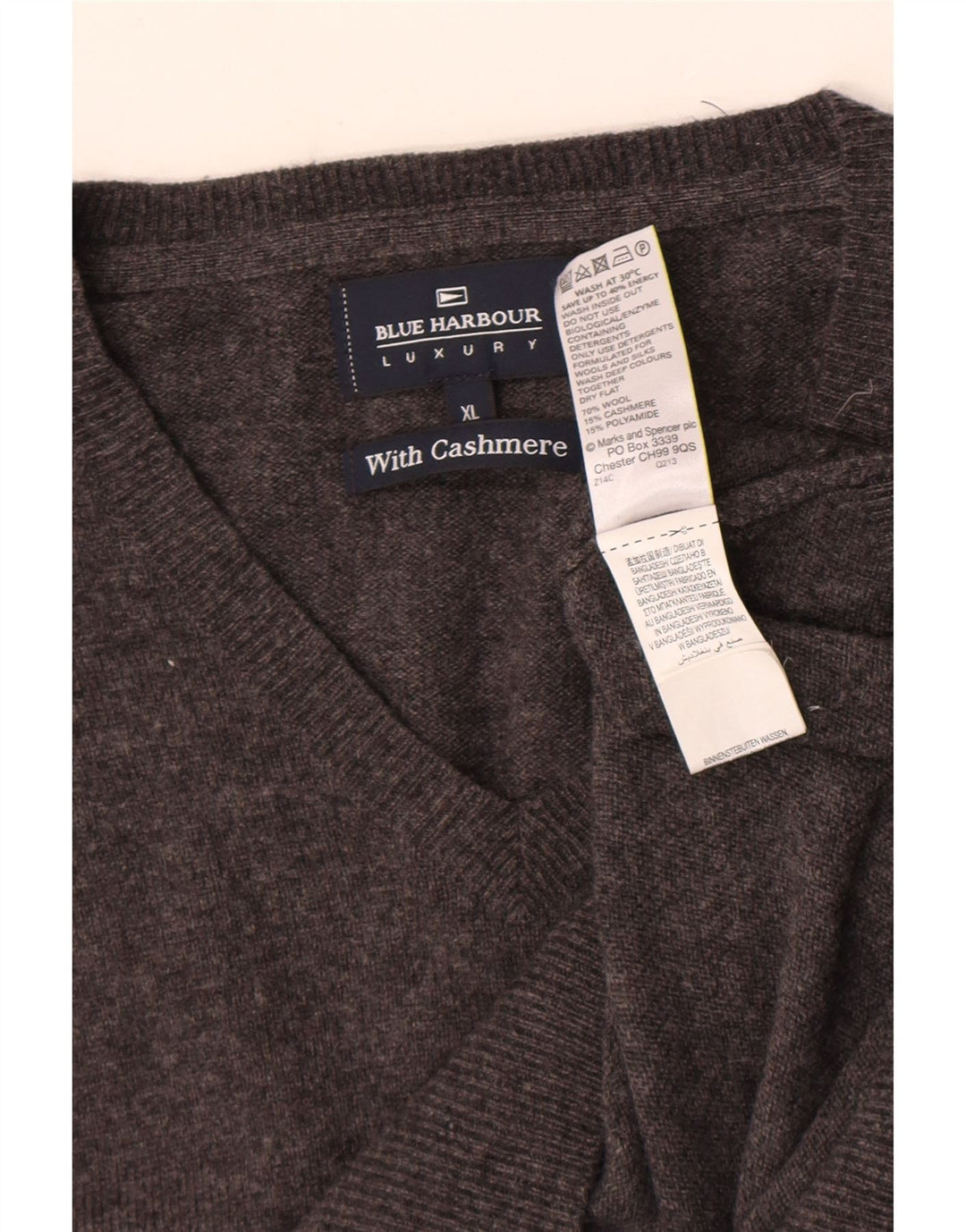 Męski sweter Marks & Spencer Blue Harbor z dekoltem w kształcie litery V, XL, szary, wełniany