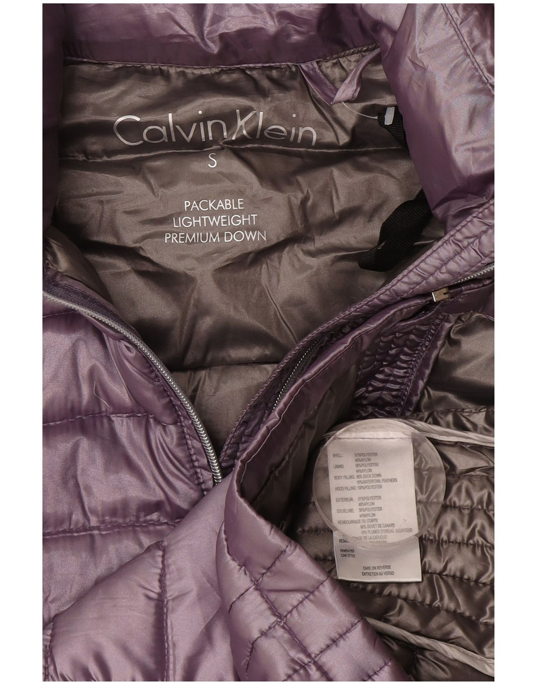 Damska wyściełana kurtka z kapturem Calvin Klein UK 10, mały, fioletowy poliester