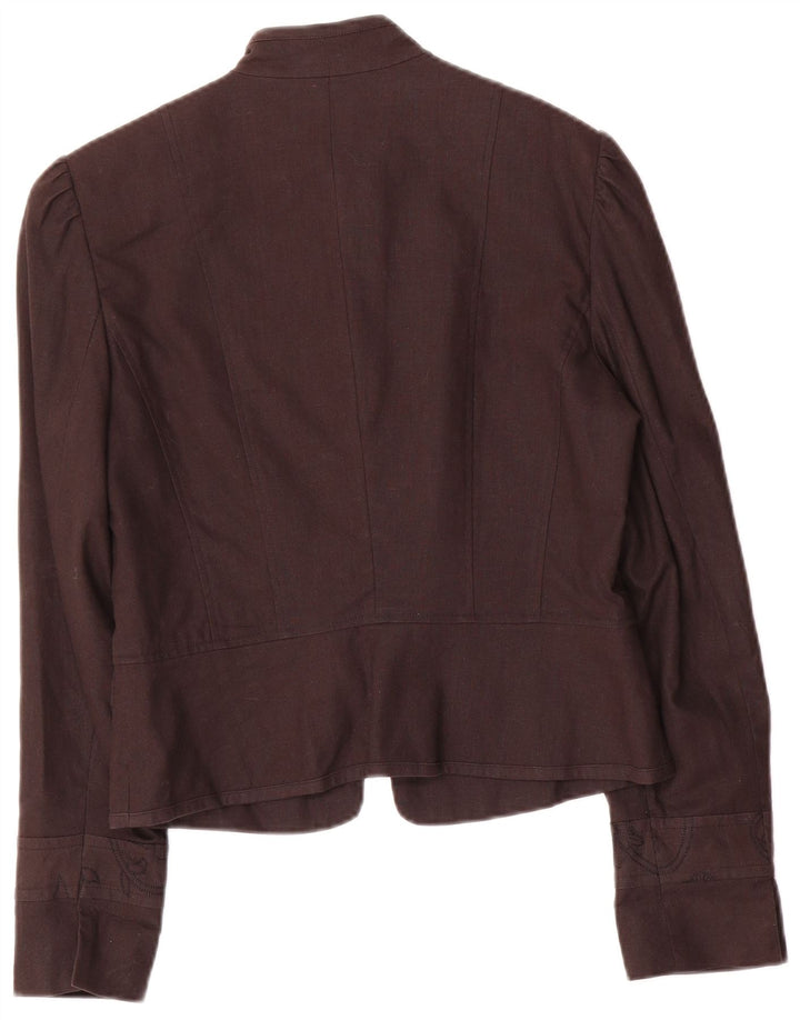 Vintage damska marynarka zapinana na 5 guzików UK 10, mała, brązowa, lniana w kwiaty